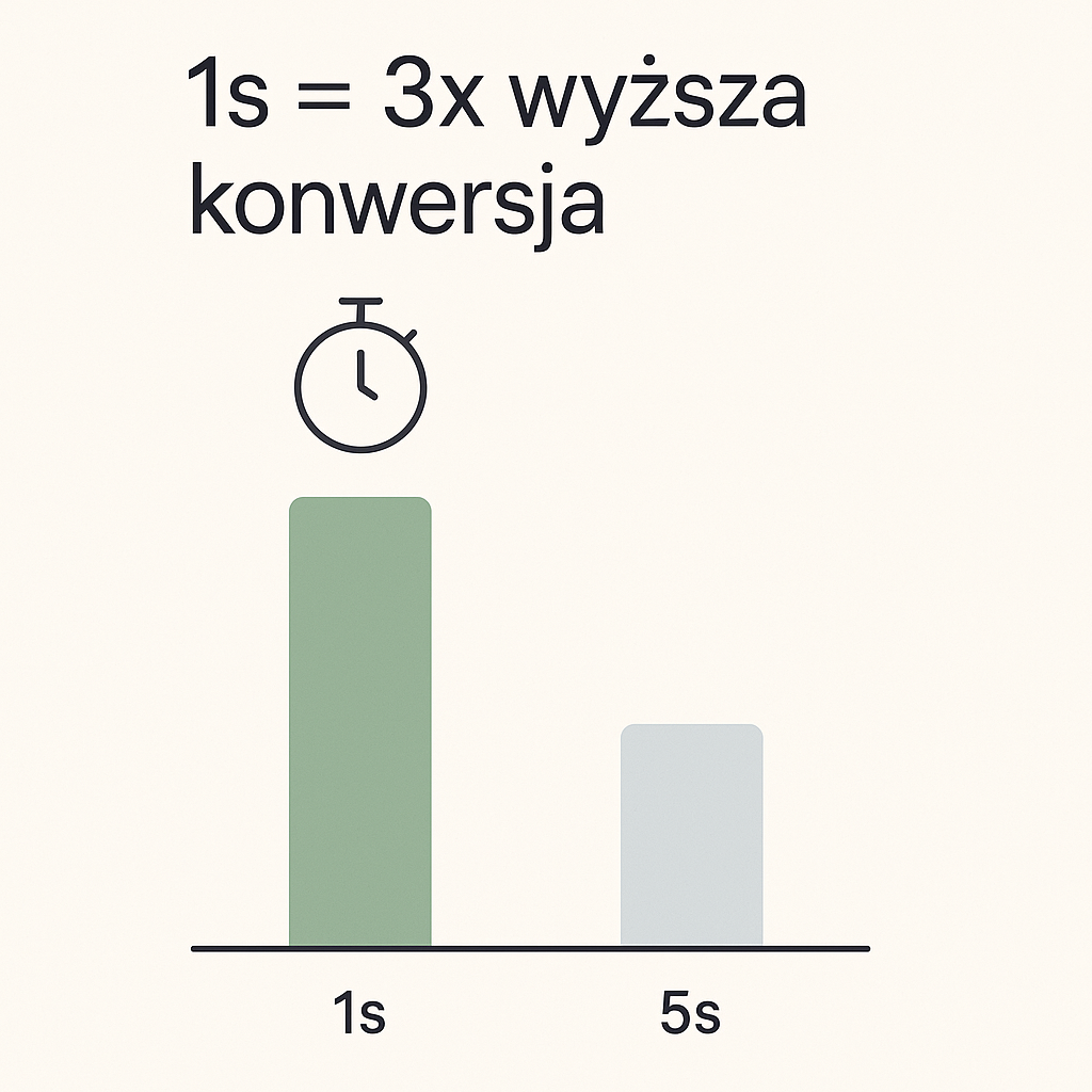 Porównanie dwóch słupków: strona ładująca się w 1 sekundę ma nawet trzykrotnie wyższy słupek konwersji niż strona ładująca się w 5 sekund. Hasło: 1s = 3x wyższa konwersja.