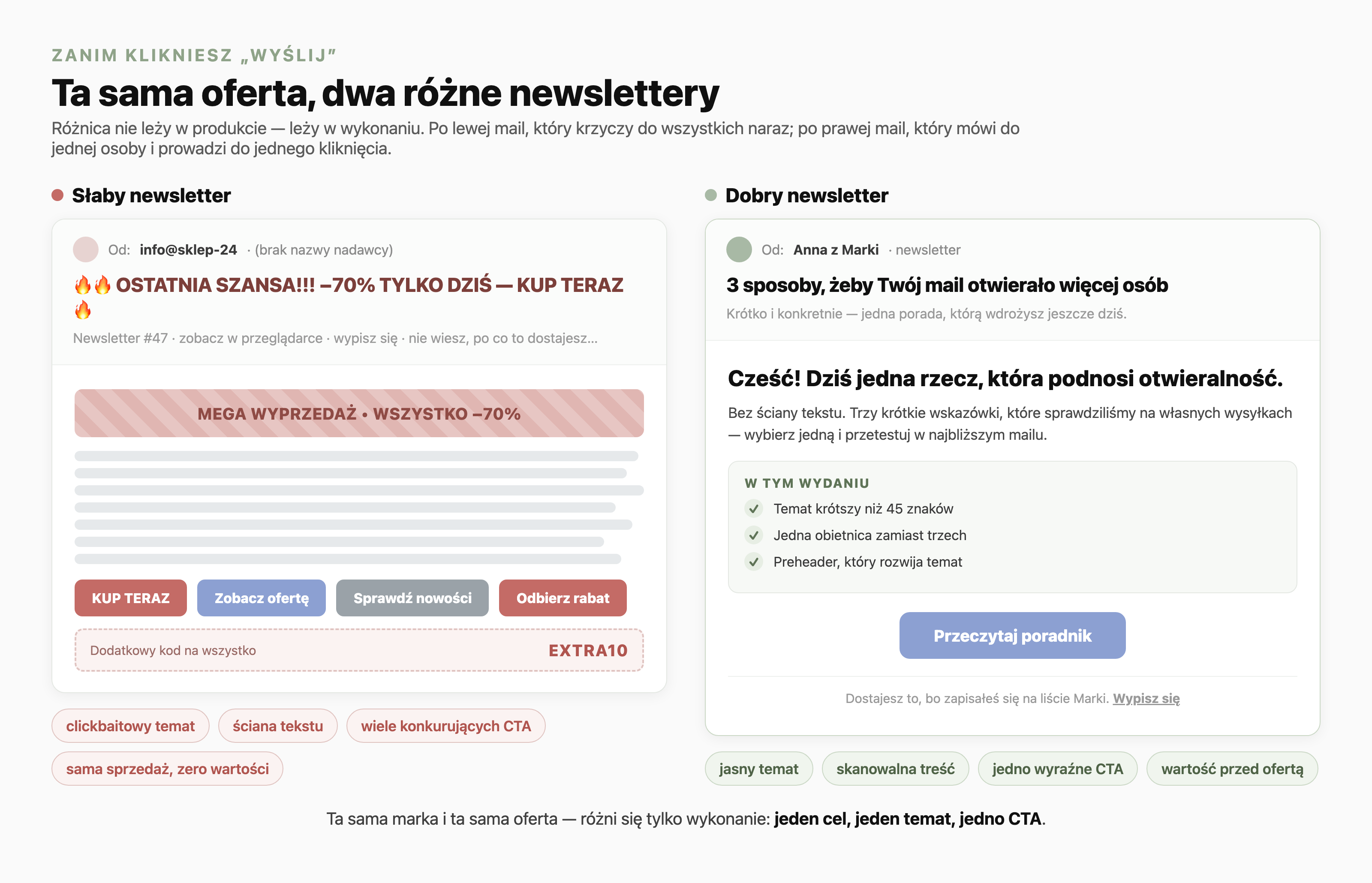 Porównanie słabego i dobrego newslettera na makiecie skrzynki e-mail. Słaby newsletter: clickbaitowy temat pisany wielkimi literami z wykrzyknikami, ściana tekstu, cztery konkurujące przyciski i sama sprzedaż bez wartości. Dobry newsletter: jasny, konkretny temat, krótka skanowalna treść, jedno wyraźne wezwanie do działania w kolorze periwinkle oraz wartość podana przed ofertą.