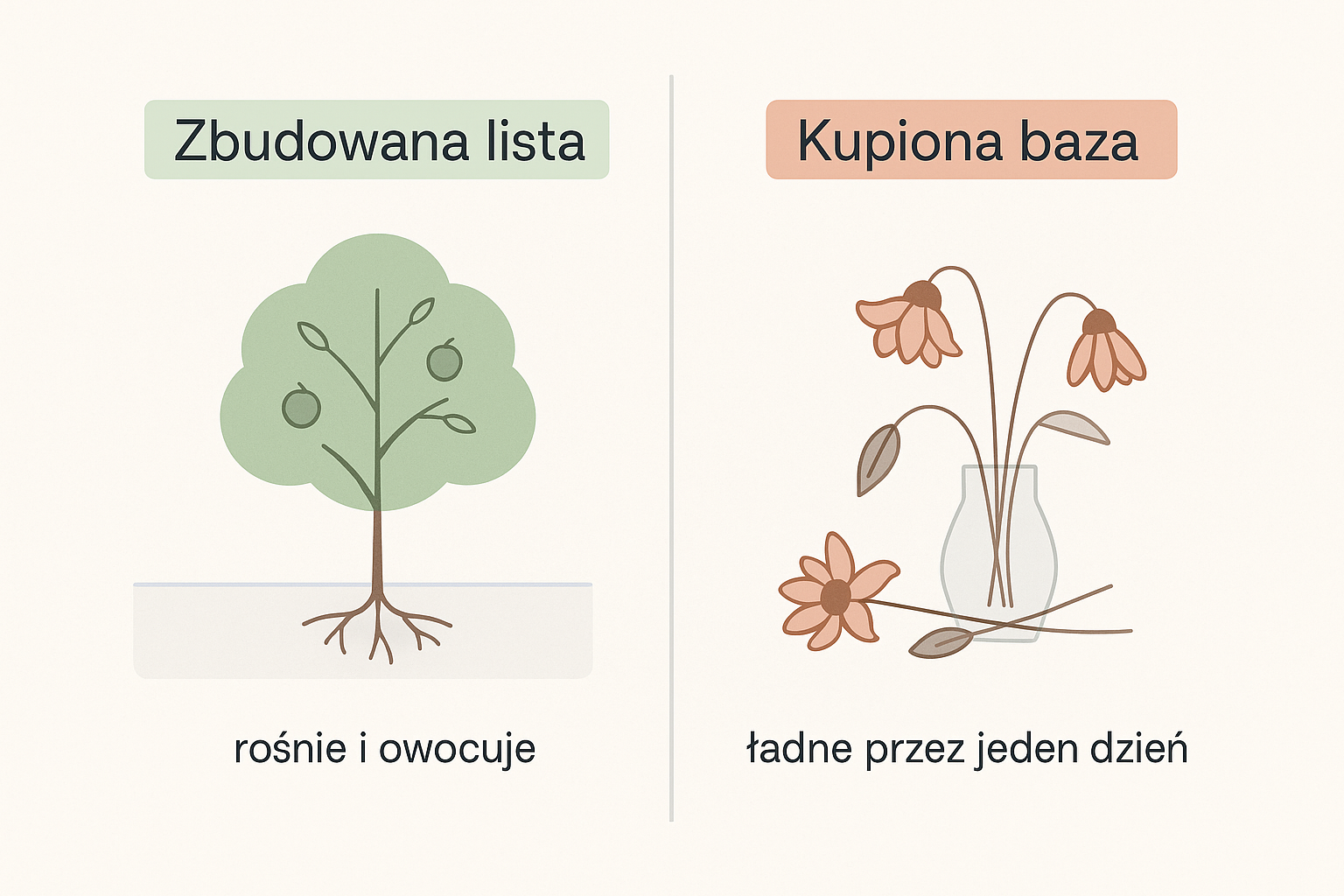 Porównanie dwóch sposobów zdobycia listy adresowej. Zbudowana lista przedstawiona jako posadzone drzewo z korzeniami i owocami, które rośnie i owocuje. Kupiona baza przedstawiona jako cięte, więdnące kwiaty bez korzeni, ładne tylko przez jeden dzień.