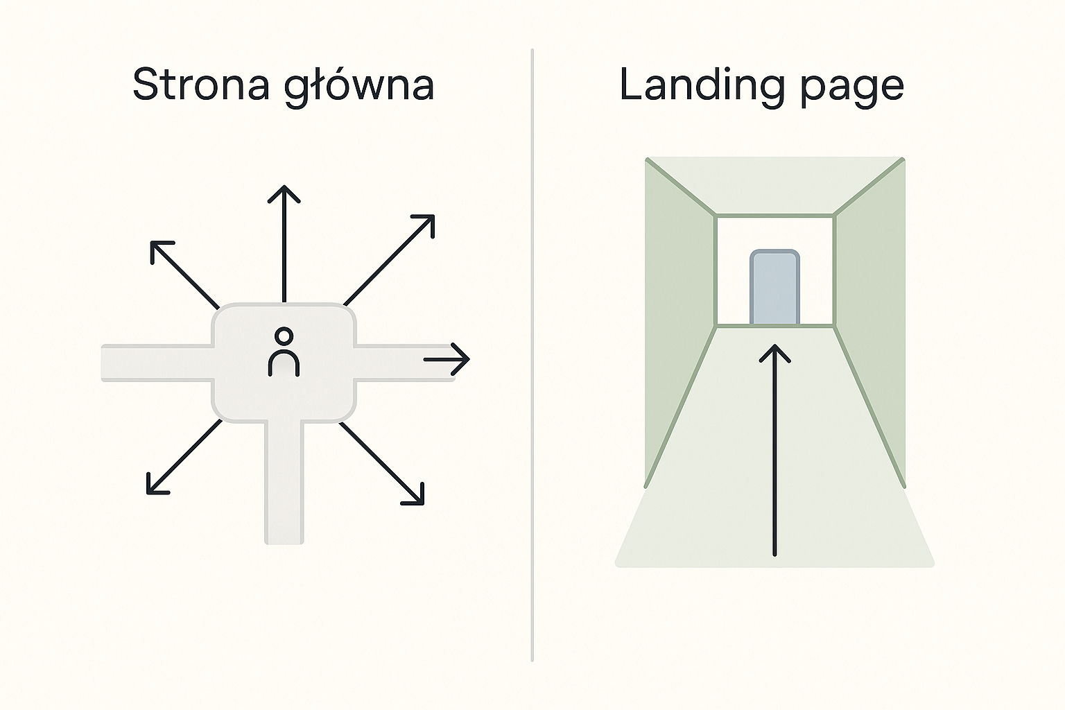 Metafora dwóch stron: strona główna przedstawiona jako skrzyżowanie z wieloma drogami i strzałkami rozchodzącymi się w różne strony, a landing page jako szałwiowy korytarz prowadzący jedną strzałką do pojedynczych drzwi na końcu.