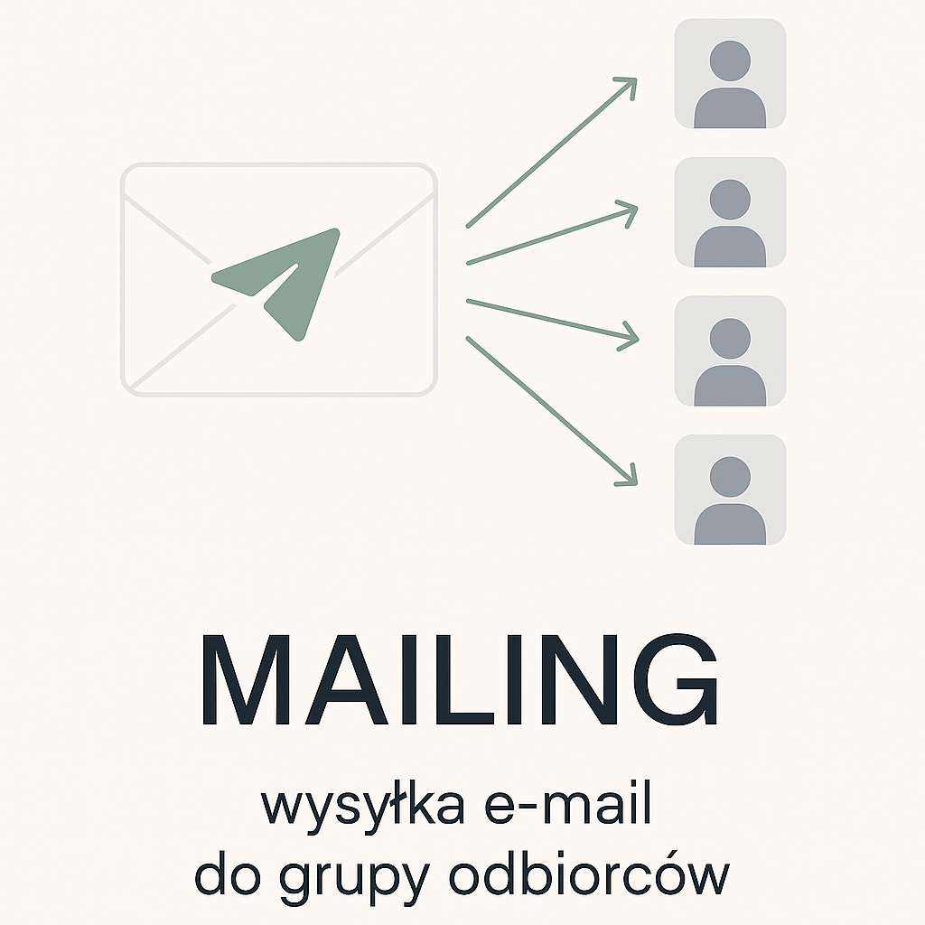 Definicja mailingu: koperta z ikoną wysyłki, od której strzałki rozchodzą się do grupy odbiorców, oraz podpis mailing to wysyłka e-mail do grupy odbiorców
