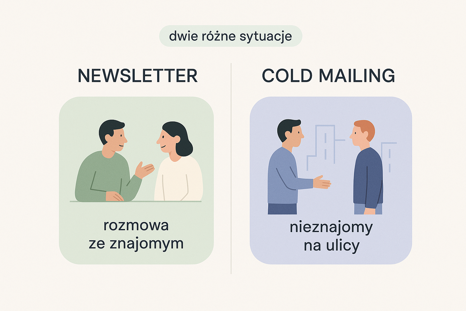 Porównanie dwóch sytuacji: newsletter jak rozmowa ze znajomym po lewej i cold mailing jak zagadnięcie nieznajomego na ulicy po prawej