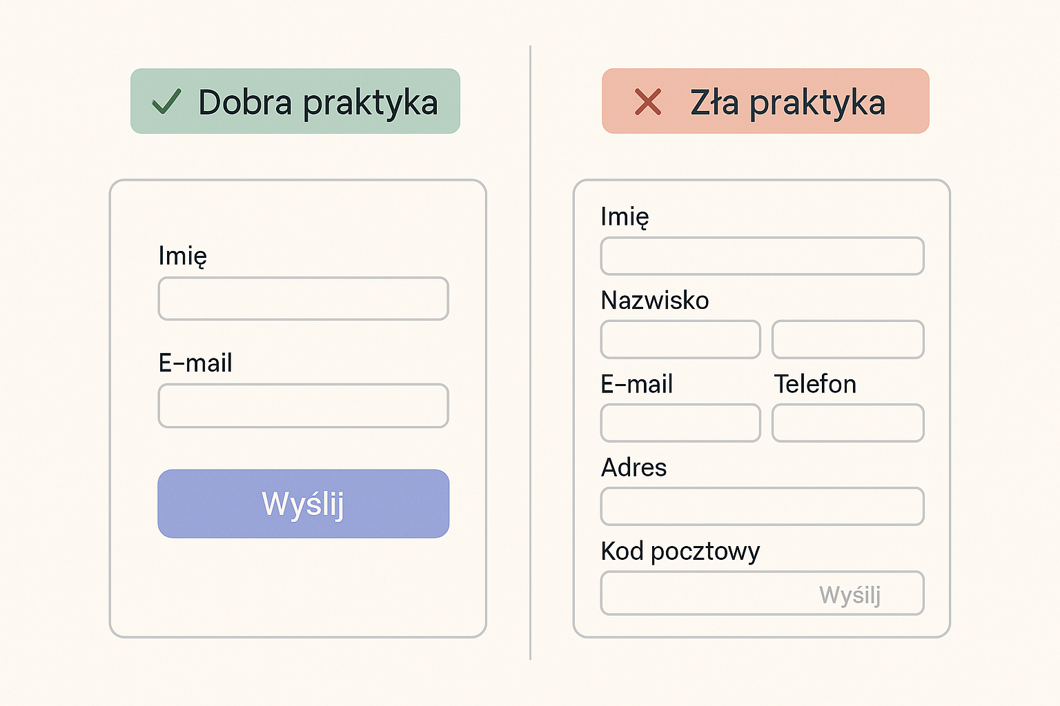 Porównanie dobrej i złej praktyki formularza: krótki formularz z wyraźnym CTA kontra przeładowany formularz z ukrytym przyciskiem.