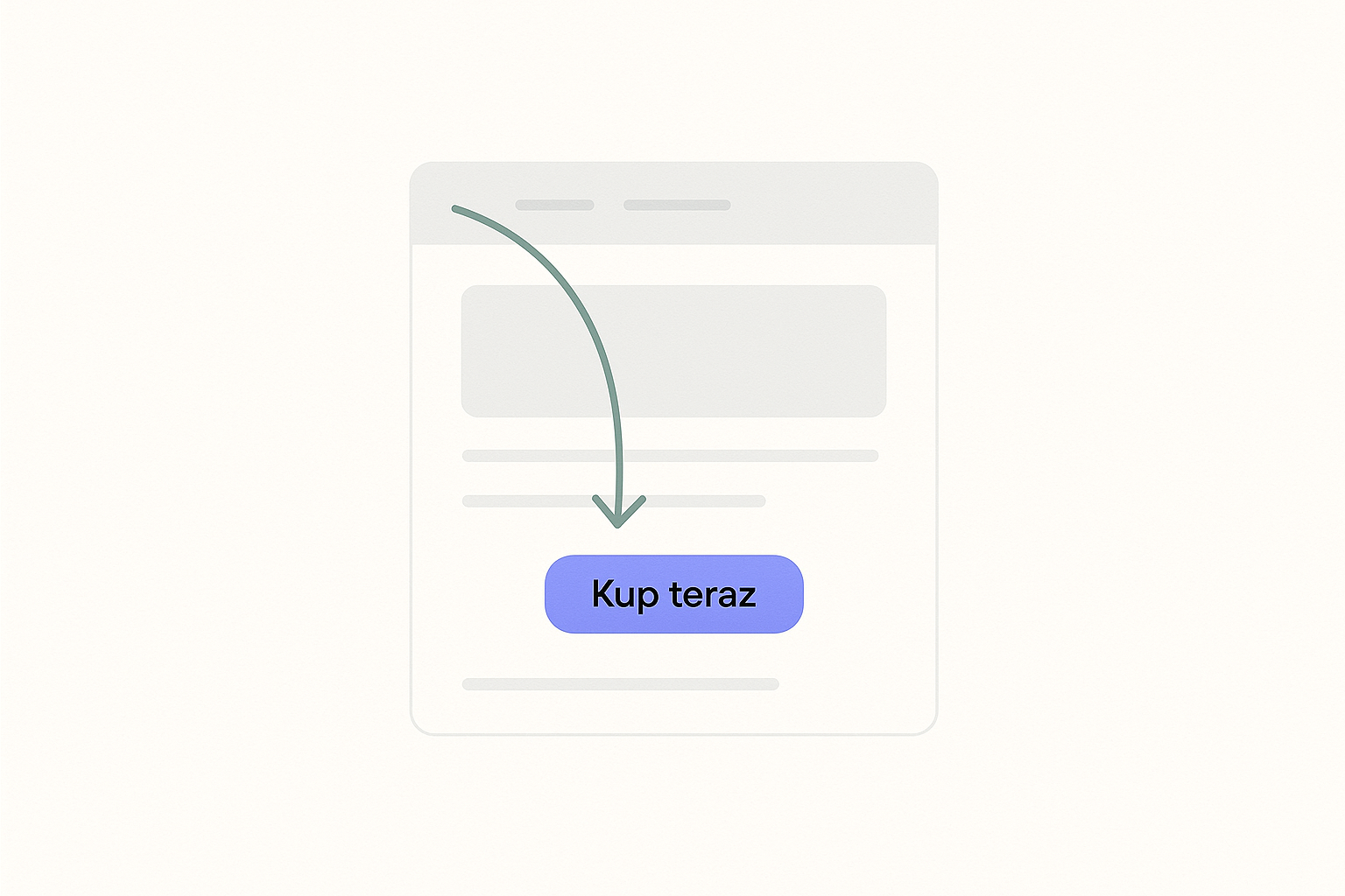 Makieta strony zbudowana ze spokojnych, szarych bloków z jednym wyrazistym przyciskiem w kolorze akcentowym z napisem „Kup teraz