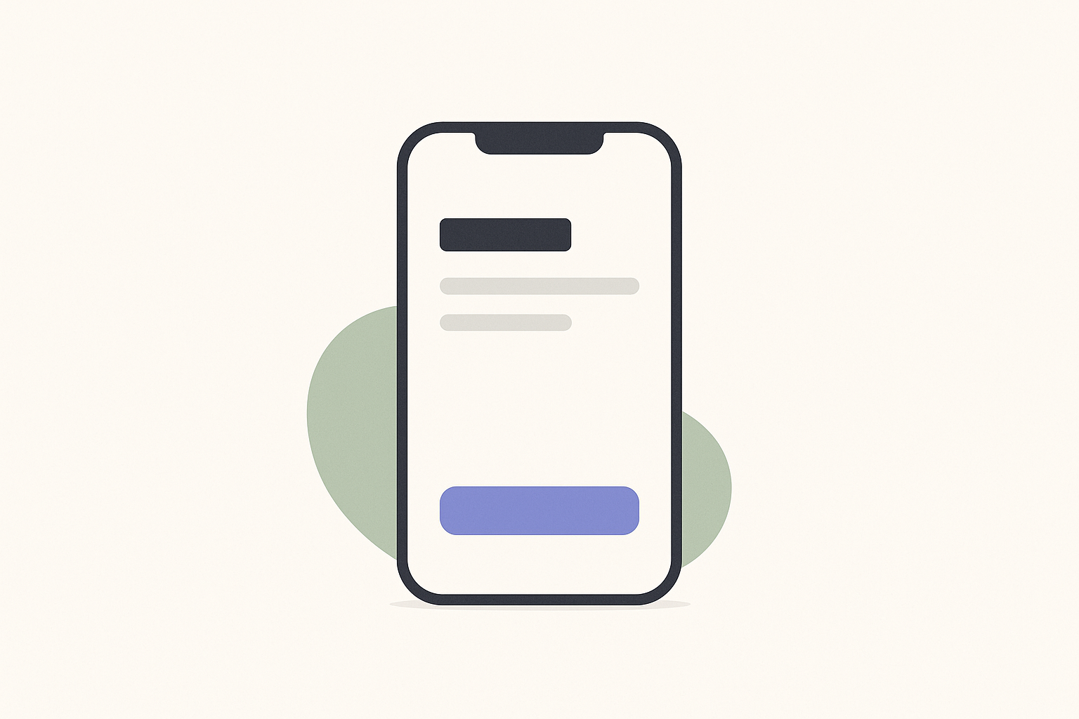 Ekran smartfona z prostym, minimalistycznym interfejsem aplikacji mobilnej: jeden wyraźny nagłówek, kilka linii treści i pojedynczy główny przycisk akcji, otoczone dużą ilością wolnej przestrzeni, ilustracja prostoty pierwszego uruchomienia.