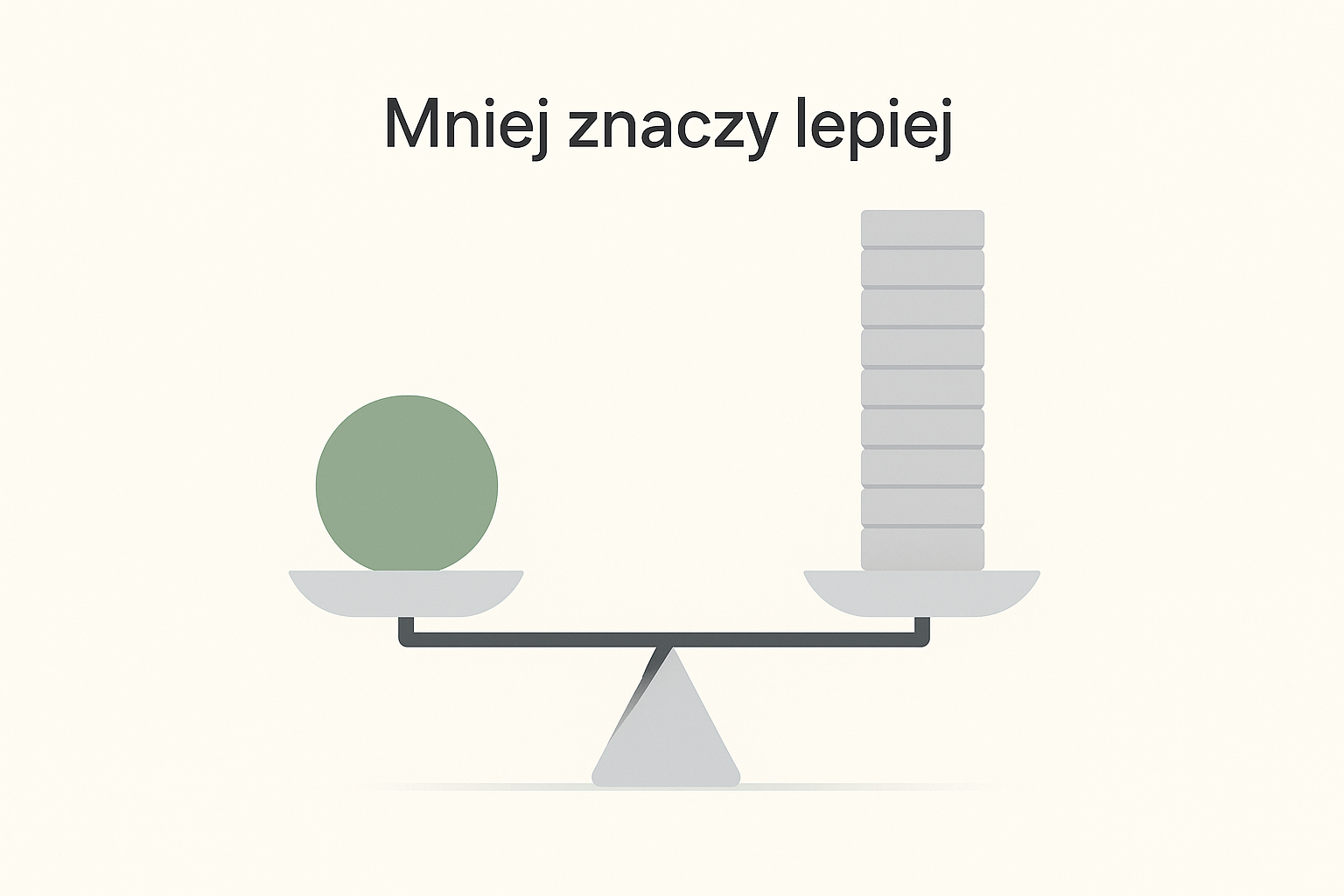 Waga szalkowa: pojedyncza zielona kula symbolizująca jakość doświadczenia przeważa i opada niżej niż wysoki stos szarych klocków symbolizujący dużą liczbę funkcji. Napis na grafice: Mniej znaczy lepiej.