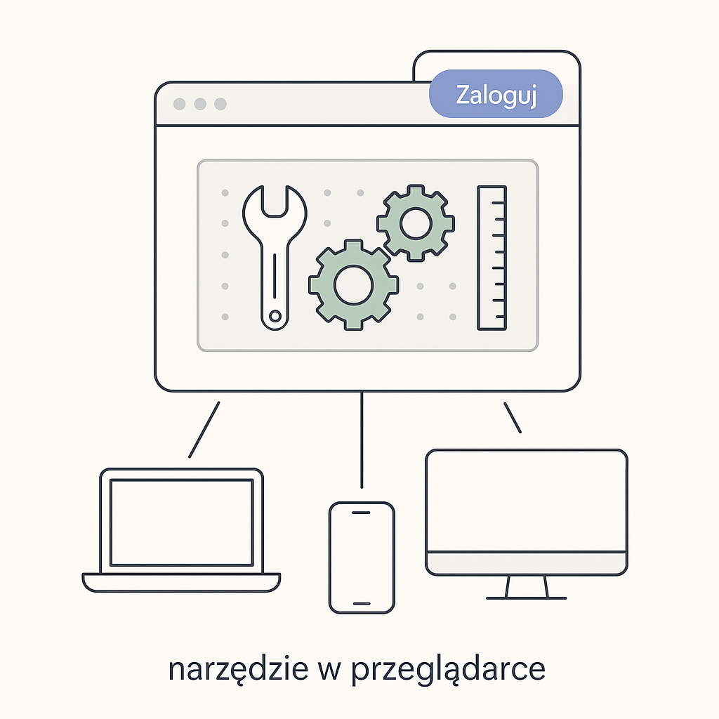 Aplikacja webowa jako narzędzie w oknie przeglądarki, z którego korzysta się z laptopa, telefonu i komputera stacjonarnego, metafora warsztatu dostępnego z każdego urządzenia.