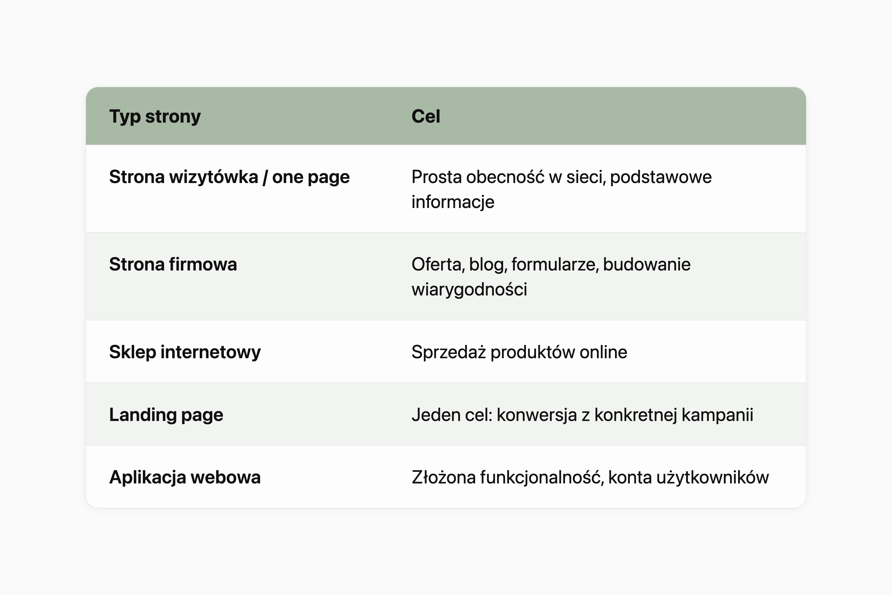Tabela rodzajów stron internetowych i ich celów: strona wizytówka lub one page to prosta obecność w sieci i podstawowe informacje; strona firmowa to oferta, blog, formularze i budowanie wiarygodności; sklep internetowy to sprzedaż produktów online; landing page to jeden cel, czyli konwersja z konkretnej kampanii; aplikacja webowa to złożona funkcjonalność i konta użytkowników.