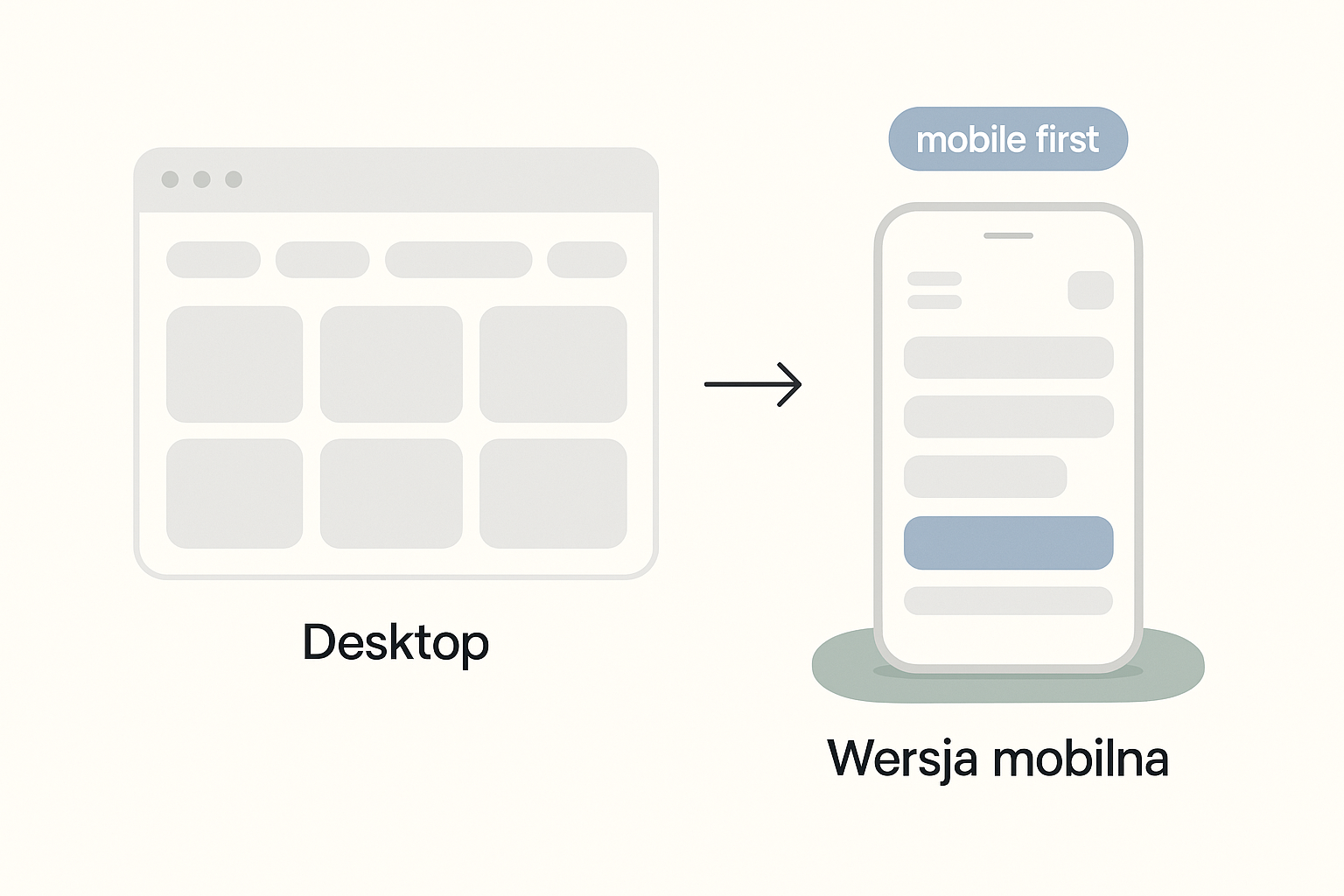 Porównanie tej samej strony w wersji desktopowej i mobilnej w podejściu mobile first: po lewej szeroka strona na komputerze z poziomym menu i układem wielokolumnowym, po prawej ta sama treść zwinięta na ekranie telefonu do jednej kolumny z menu pod ikoną, oznaczona etykietą mobile first, a przycisk akcji wyróżniony kolorem.