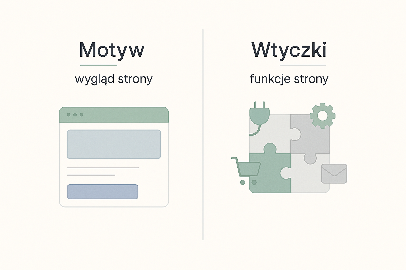 Porównanie pojęć motyw i wtyczki w WordPressie: po lewej motyw jako wygląd strony przedstawiony jako makieta strony z nagłówkiem i przyciskiem, po prawej wtyczki jako funkcje strony przedstawione jako elementy układanki z ikonami wtyczki, koła zębatego, koszyka zakupowego i koperty.