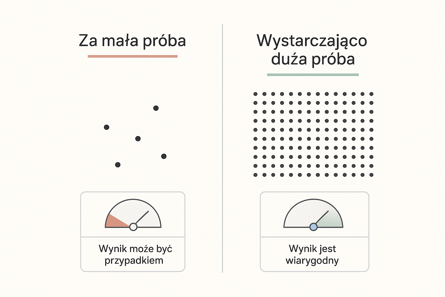 Porównanie wielkości próby w teście A/B: przy zbyt małej próbie różnica w konwersji może być przypadkiem, a przy wystarczająco dużej próbie wynik staje się wiarygodny i istotny statystycznie.